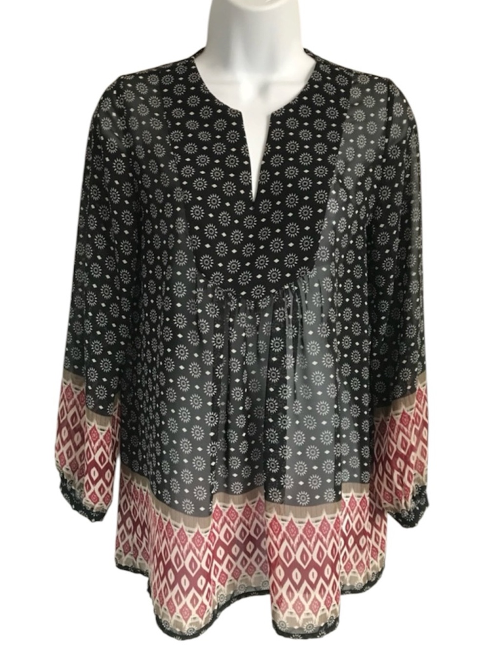 🔴 4/$15 Melrose and Market Women’s XS Red & Black LS Geo Border Top Tunic in EUC